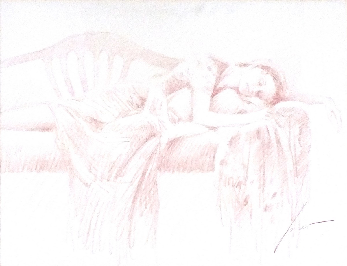 Guiseppe Dangelico PINO (1939-2010) Woman Reclining on a Sofa, Red chalk on paper, Signed lower