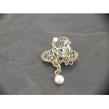 Silver brooch / pendant set with a pearl marcasite, plique a jour and suspended pearl