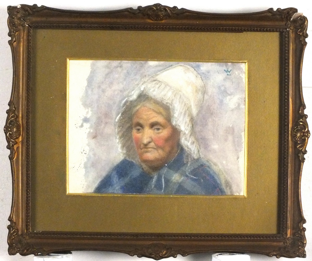 Manner of Walter LANGLEY Elderly Woman in Blue Tartan Shawl and White Mob Cap, Watercolour, Signed - Image 2 of 2