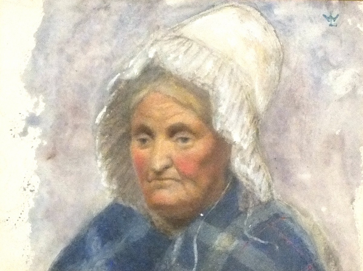 Manner of Walter LANGLEY Elderly Woman in Blue Tartan Shawl and White Mob Cap, Watercolour, Signed