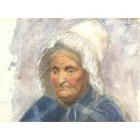 Manner of Walter LANGLEY Elderly Woman in Blue Tartan Shawl and White Mob Cap, Watercolour, Signed