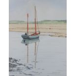 S B CULL (British 20th Century) Moored Vessel with Mud-flats, Watercolour, Signed and dated Feb '93,