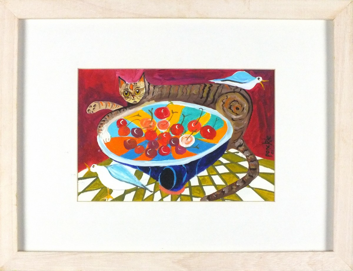 Ponckle FLETCHER (British 1934-2012) Tabby Cat with a Bowl of Cherries and Seagulls, Acrylic on - Image 2 of 2