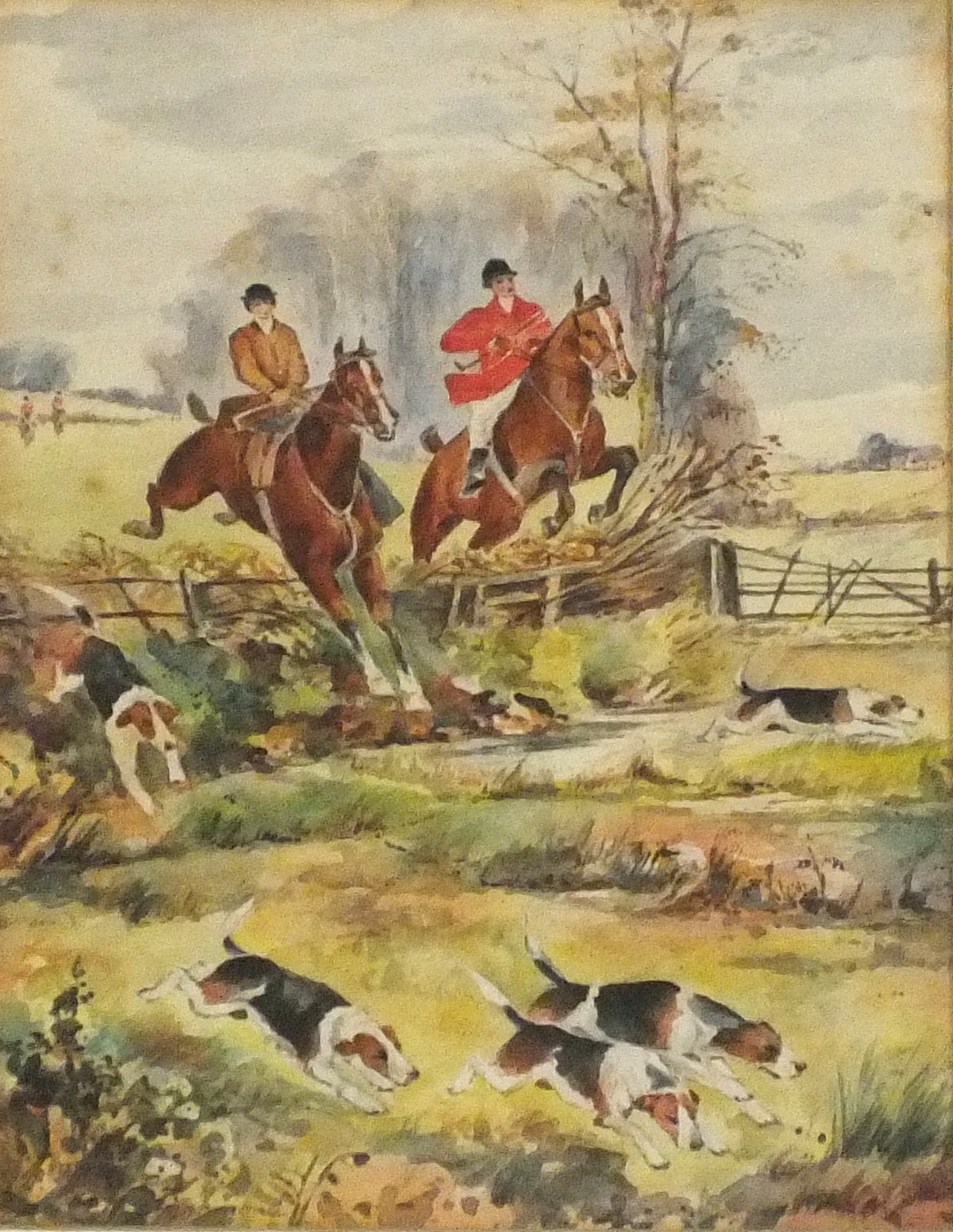 After Nora DRUMMOND-DAVIES Huntsman & Women Clearing a Fence, Watercolour, Bearing signature lower