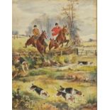 After Nora DRUMMOND-DAVIES Huntsman & Women Clearing a Fence, Watercolour, Bearing signature lower