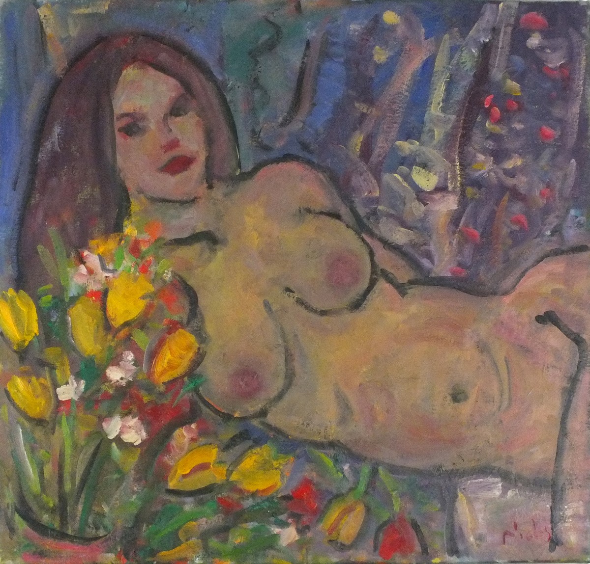 Kanwaldeep Singh KANG (aka NICKS) ( Indian 1964-2007) Nude Reclining Amongst Flowers, Oil on canvas,