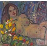 Kanwaldeep Singh KANG (aka NICKS) ( Indian 1964-2007) Nude Reclining Amongst Flowers, Oil on canvas,