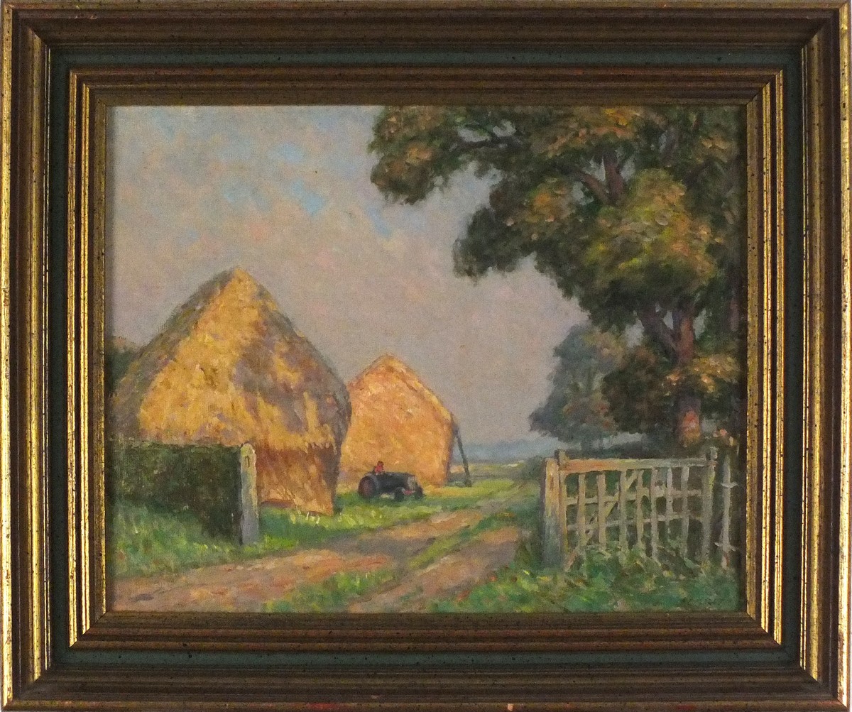 MERRITT (British 20th Century) Harvest Time, Oil on board, Signed lower right, 9.5" 11.75" (24cm x - Image 2 of 2