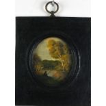 British 19th Century Fisherman in a Wooded Landscape, Oil on board, 3.25" x 2.5" (8cm x 6cm) (oval)
