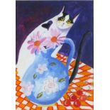 Ponckle FELTCHER (British 1934-2012) Cat on a Table with Floral Vase and Cherries, Signed and