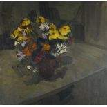 Chris THOMAS (British b. 1947) The Chrysanthemums - still life, Oil on board, Signed, titled and