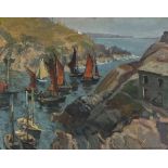 Hurst BALMFORD (British 1871-1950) Polperro Red Sailing Boats Going Fishing, Oil on canvas-board,