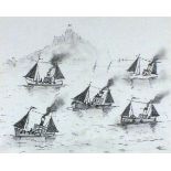 Simeon STAFFORD (British b. 1956) Boats off St Michael's Mount, Pencil drawing, Signed lower