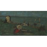 19th/20th Century French School, Figures Relaxing Overlooking a Beach, Oil on canvas, Indistinctly