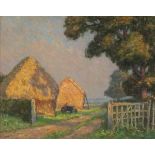 MERRITT (British 20th Century) Harvest Time, Oil on board, Signed lower right, 9.5" 11.75" (24cm x