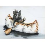 British 20th Century Cat in a Canoe, Watercolour, Indistinctly signed under mount, 6.75" x 9" (