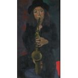 Ken SYMONDS (British 1927-2010) Chrissie Playing Sax, Oil on board, Signed mid lower edge, signed