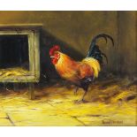 Donna CRAWSHAW (British b. 1960) Cockerel in a Barn, Oil on canvas, Signed lower right, 9.5" x 11.5"