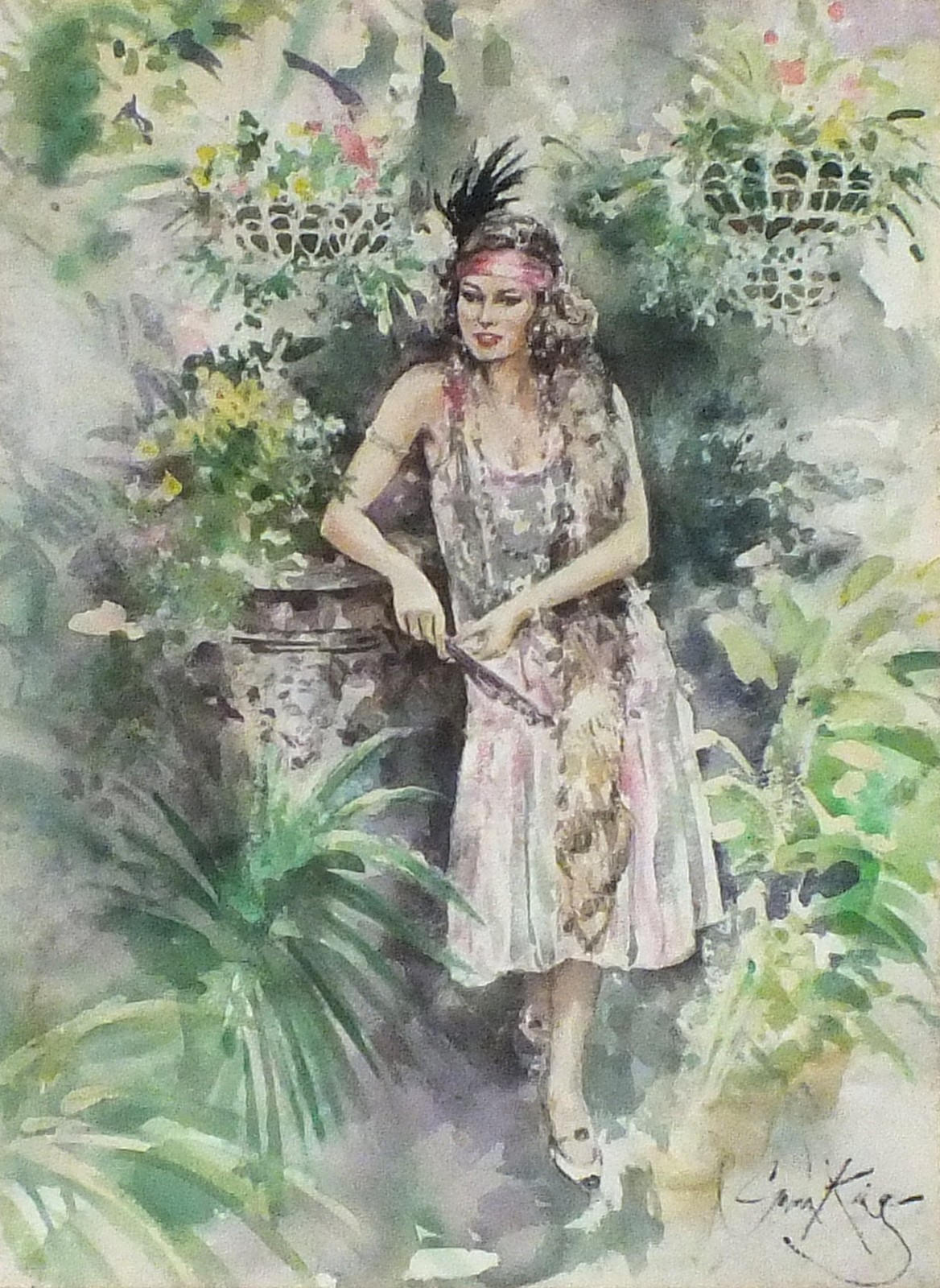 Gordon KING (British b. 1939) Flapper in a Conservatory, Watercolour, Signed lower right, 14.5" x