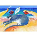 Ponckle FLETCHER (British 1934-2012) Cat and Seagull in a Sandy Harbour, Gouache, Signed and