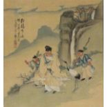 Early 20th Century Chinese School Nobleman with Two Attendants and a Crane, Watercolour on fabric,