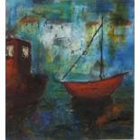 A. LEWIS (British 20th Century) Two boats moored in a harbour, Mixed media, 9" x 8" (22cm x 20cm)