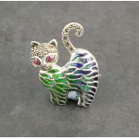 A plique-de-jour brooch, modelled in the form of a cat, set with ruby eyes, 8.5 gms