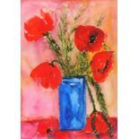 Angela J. DIGGLE  (St Ives School 20th / 21st Century) Red Poppies in a Blue Vase, Watercolour,