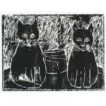 Michael 'Mouse' ROBERTS (British b. 1948) Margaret & Elizabeth with Bernard Irwins Pot, Linocut,