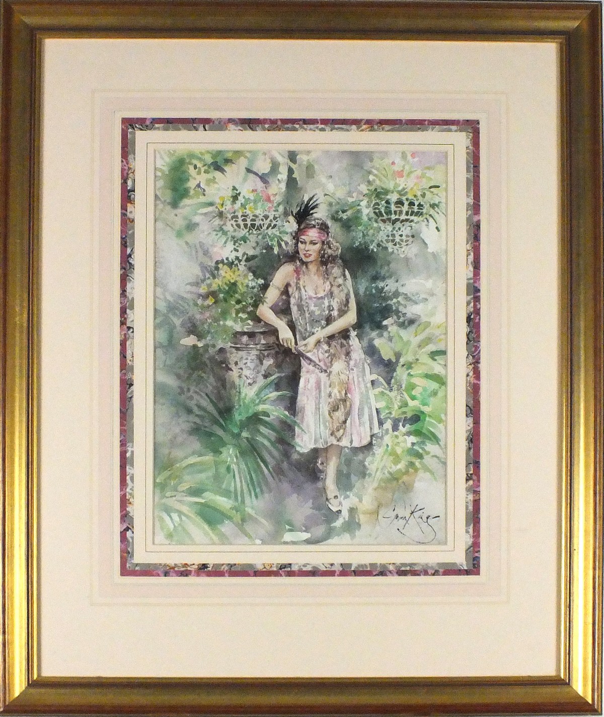 Gordon KING (British b. 1939) Flapper in a Conservatory, Watercolour, Signed lower right, 14.5" x - Image 2 of 2