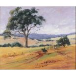 Carolyn CLARKE (Australian 20th/21st Century) Cowboys in Landscape with Gum Tree, Oil on board,