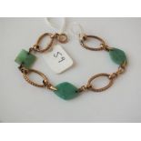Unusual 9ct rose gold and green stone bracelet 6.8g inc