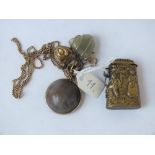 Unusual tankard shaped vesta, a Victorian clasp and two mounted pendants