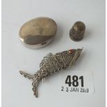Oval hinged pill box – B’ham 1918, a filigree fish and a thimble