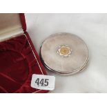 Japanese compact, yellow metal flower motif to cover, 3” dia. contained in a fitted box