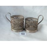 Pair of foreign filigree cup holders, 4” over handle