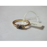 18ct gold sapphire & diamond three stone ring approx size P 3g inc