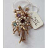 9ct floral spray gem set brooch 8.6g inc