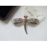 Good silver & marcasite dragonfly brooch with red stone eyes 4.8g inc boxed