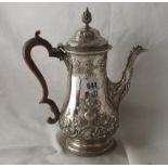 GEORGE III COFFEE POT, pear shaped body embossed with flowers and have a bud finial, 9.5” over
