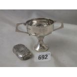 Small trophy cup, 4” over handles Shef 1933 by EV, also a vesta case 56g.