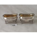 Pair of Georgian boat shaped large salts on ball and claw feet, 4” wide Lon 1814 by TH 230g.