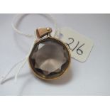 Gold framed circular Smoky Quartz pendant