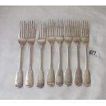 Set of eight Victorian fiddle pattern dessert forks, Lon 1844 by GA 335g.