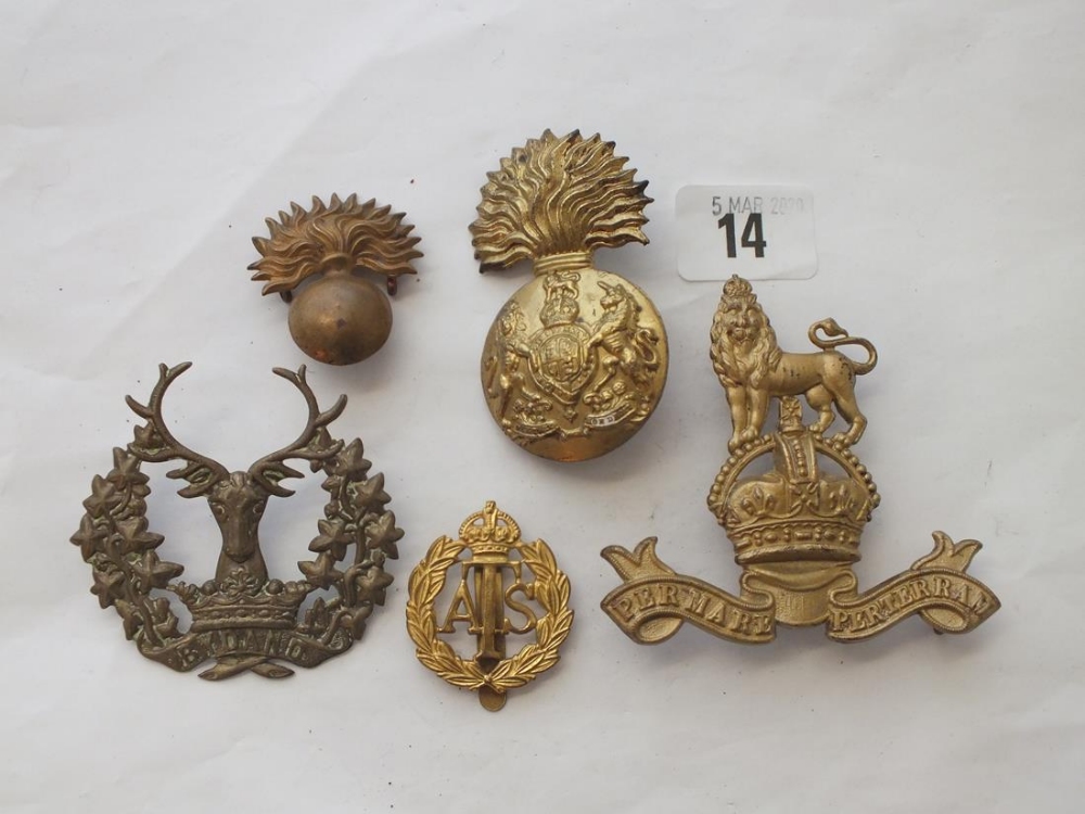 Brass cap badges, inscription etc.