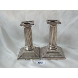 Pair of column candlesticks with square stepped beaded bases, 5” high Lon 1893 by JT