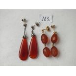 Pair 9ct mounted amber earrings also a hardstone pair