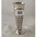 Trumpet shaped spill vase, foliate embossed lower sides, 5.5” over handle Lon 1902 by Gj 72g.