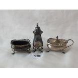 Three piece boat shaped cruet set on claw feet, 3” over handle 110g.