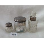 Cylindrical salts jar, 4” high B’ham 1915 and two others
